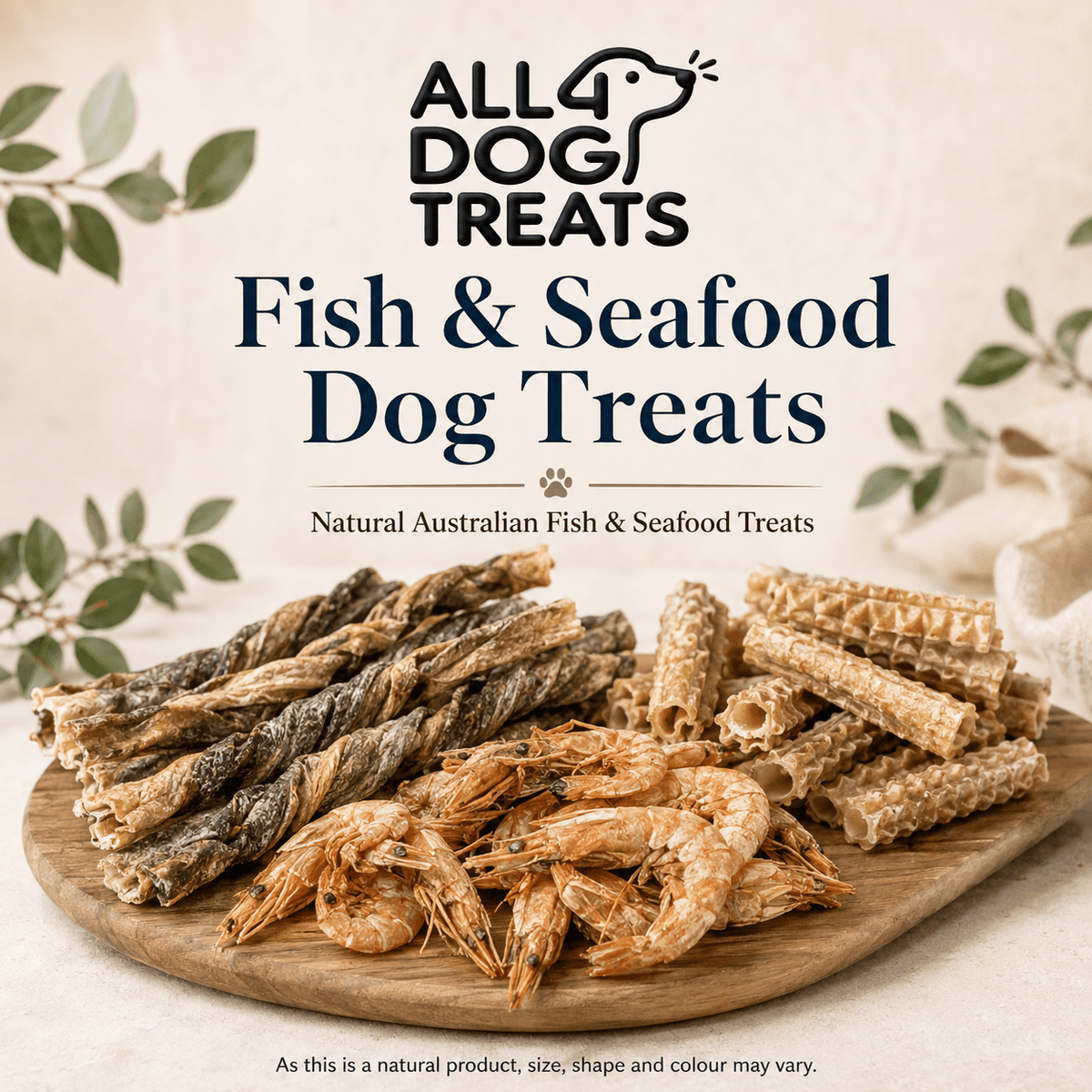 Australian fish and seafood dog treats including Hoki skin rolls, shark cartilage and dried tiger prawns by ALL4DOGTREATS