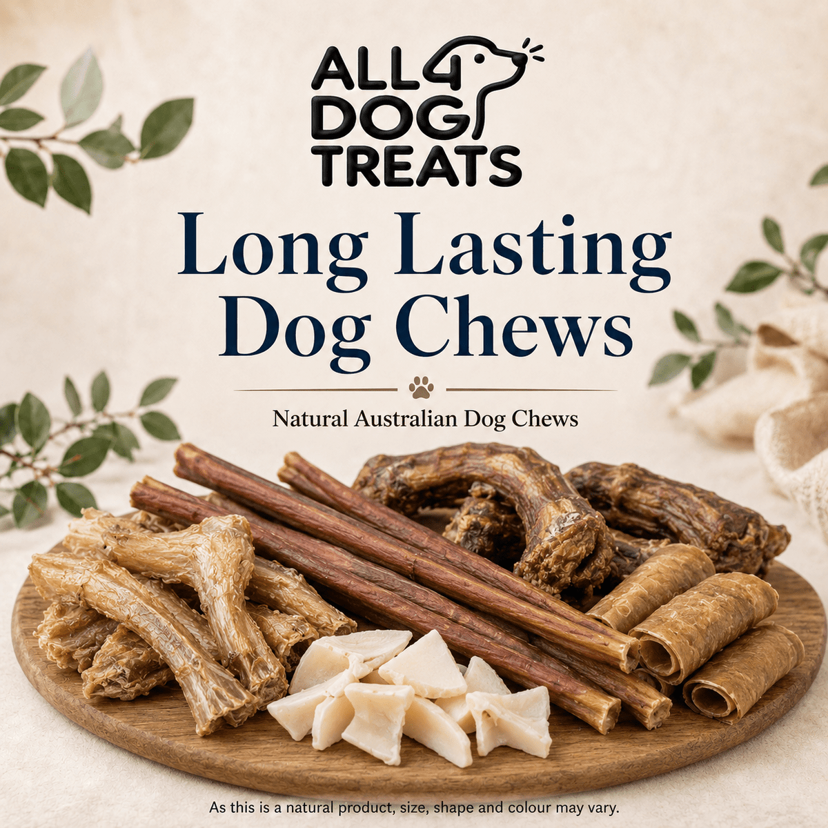 Long lasting natural Australian dog chews including tendons, hide rolls and durable chews by ALL4DOGTREATS