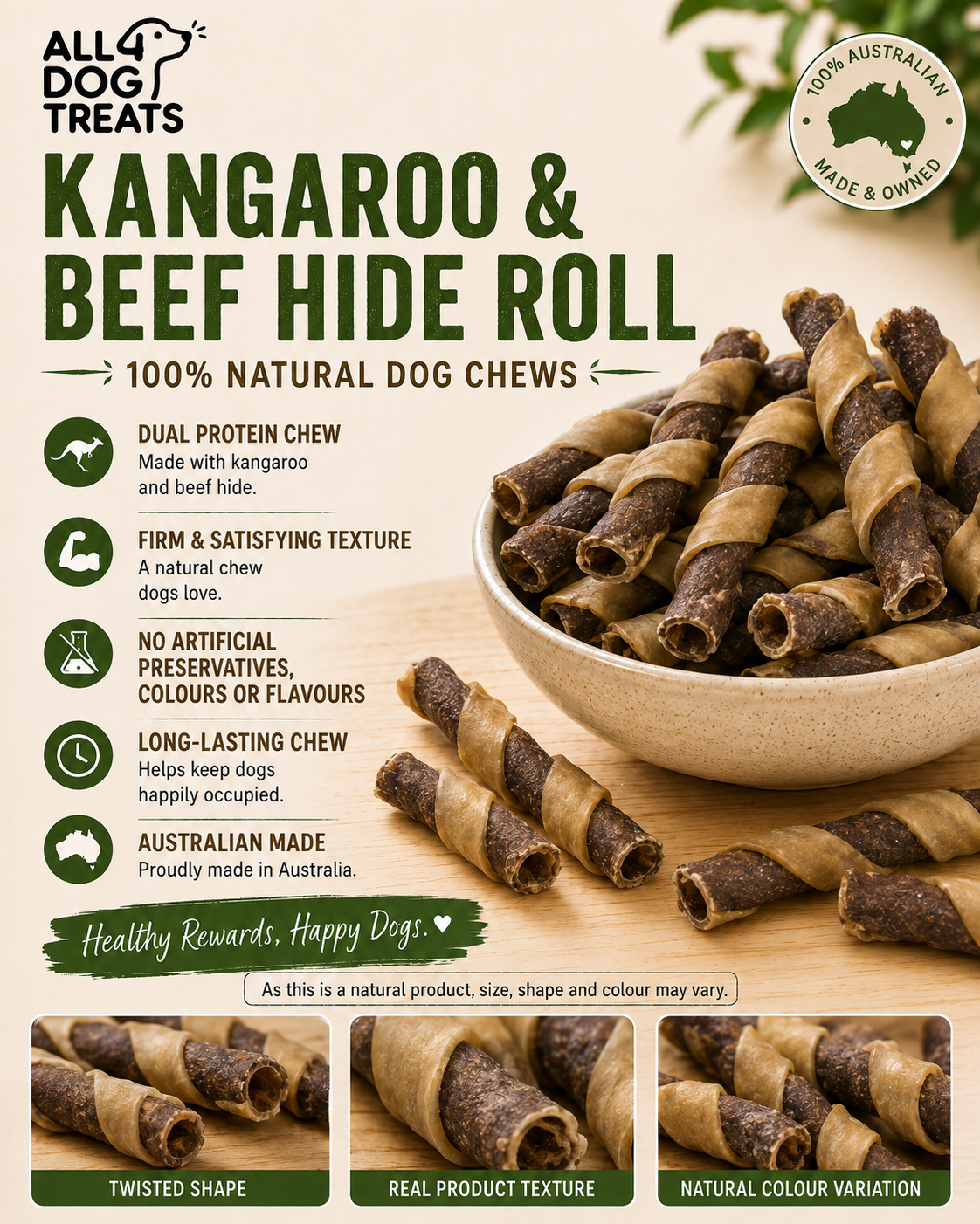 Australian Kangaroo & Beef Hide Long-Lasting Dog Chews – 1kg