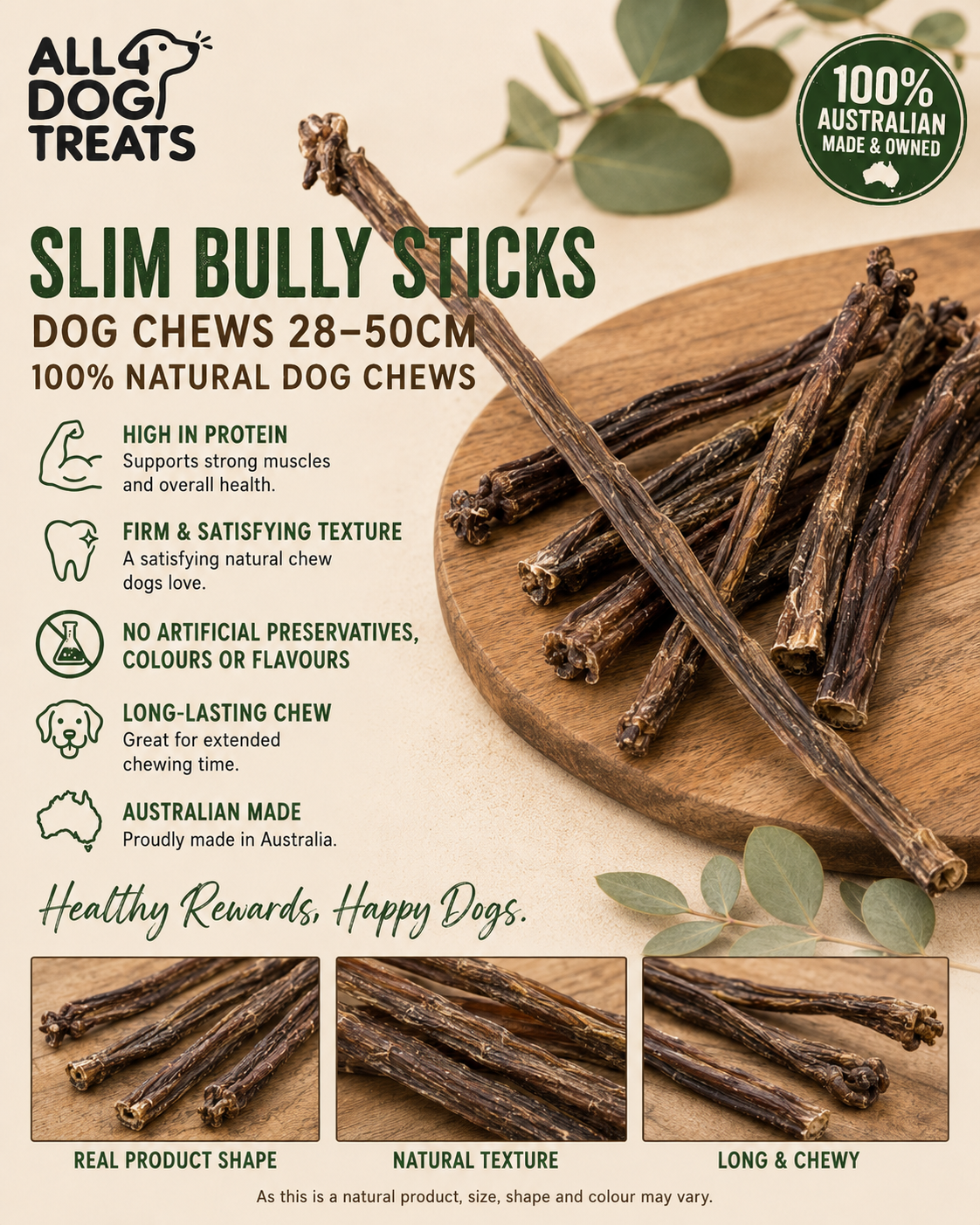 Australian Long Slim Bully Sticks Long-Lasting Dog Chews for Small & Medium Dogs – 28–50cm-1kg