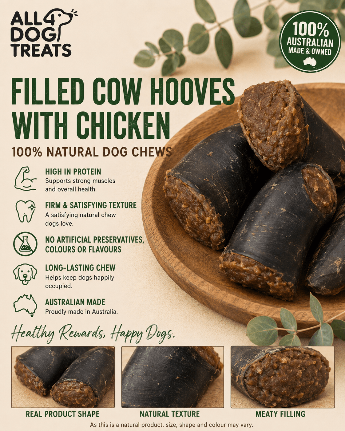 Australian Chicken-Filled Cow Hooves Long-Lasting Dog Chews – Pack of 10