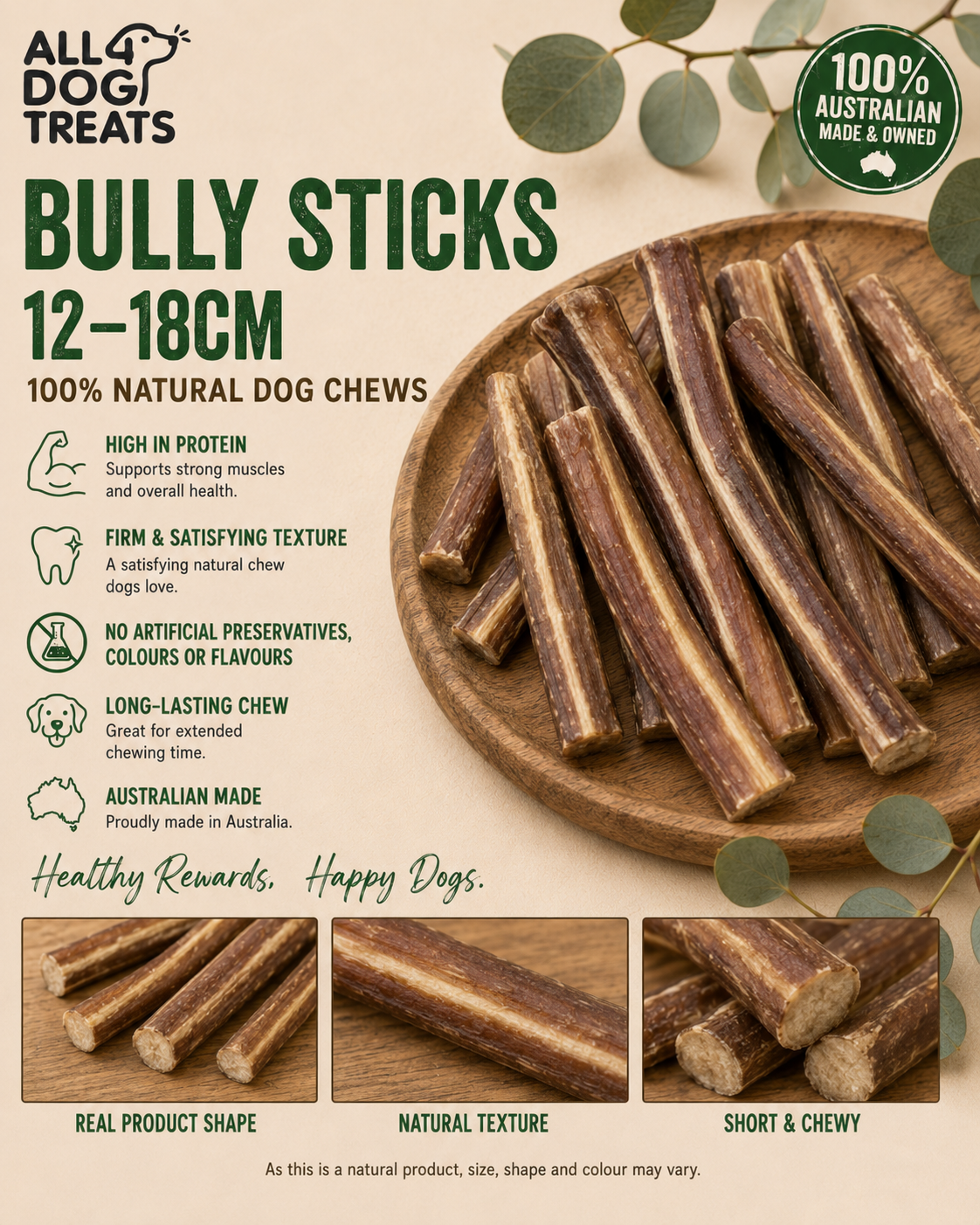 Australian Bully Sticks Long-Lasting Dog Chews – 12–18cm, 1kg